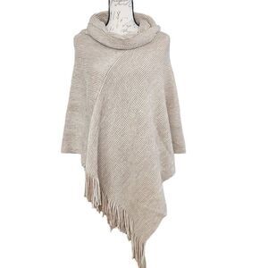 Chico's Women's One Size Vanilla Almond Striped Fringed Cowl Neck Poncho